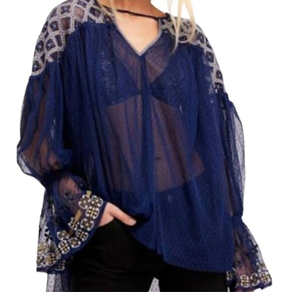 Free People Joyride Sheer Navy Bohemian Tulle Embroidered Top Size S - Picture 7 of 14